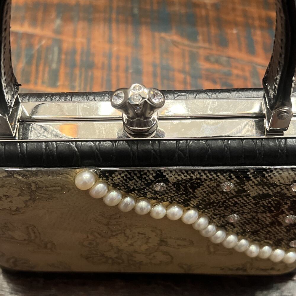 Debbie Brooks Black White Silver Mini Clutch Handbag Evening Bag Pearls - Picture 7 of 14